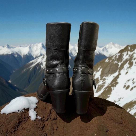 Born Boots Gilary Style Black Leather, Chunky Heel, Cuffed, Moto - Picture 3 of 8